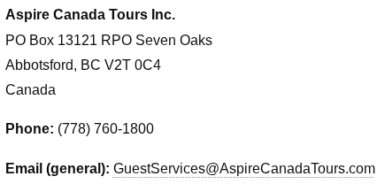 Contact information for Aspire Canada Tours Inc.